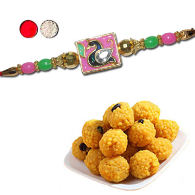 "Designer Fancy Rakhi - FR- 8190 A (Single Rakhi), 500gms of Laddu(ED) - Click here to View more details about this Product